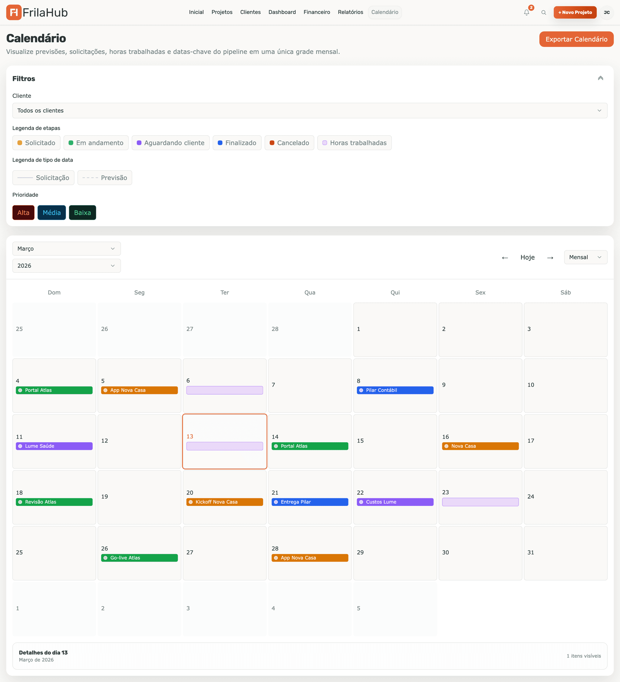 Tela de Agenda do FrilaHub: Entregas e compromissos do mês, exportáveis para o seu calendário.