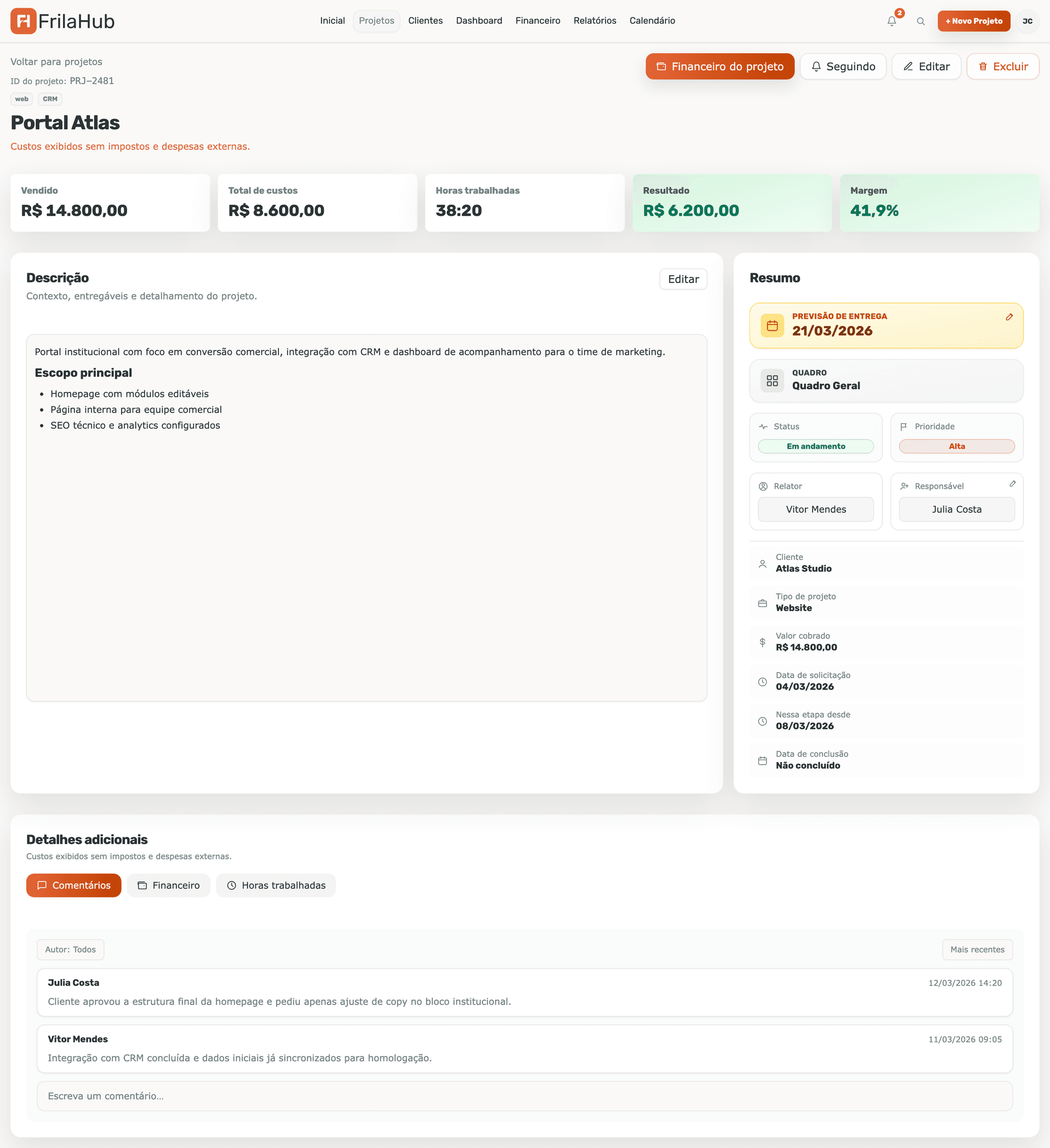 Tela de detalhe do projeto no FrilaHub, com escopo, prazo e resultado financeiro
